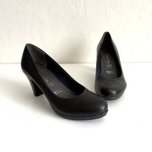 TAMARIS Comfort Pumps Size 37‎ US 6.5 Black Leather Anti Shok Block Heel